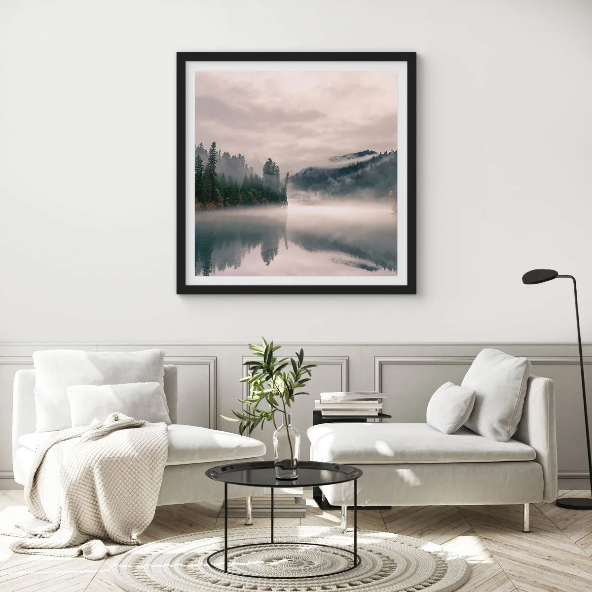 Poster in einem schwarzem Rahmen - In Reflexion, im Nebel - 60x60 cm