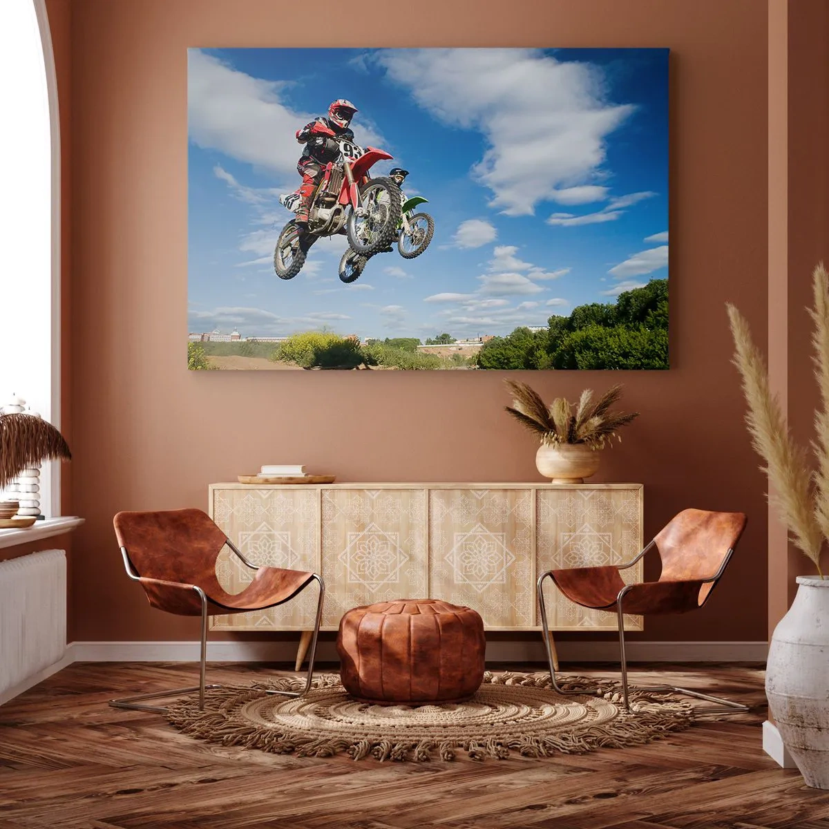 Bild auf Leinwand - Leinwandbild - Fahrer auf Motocross-Motorrädern in der Luft während eines Sprunges - 100x70cm - Himmelssprung - Moderne Wanddekoration für Wohnzimmer und Schlafzimmer ARTTOR