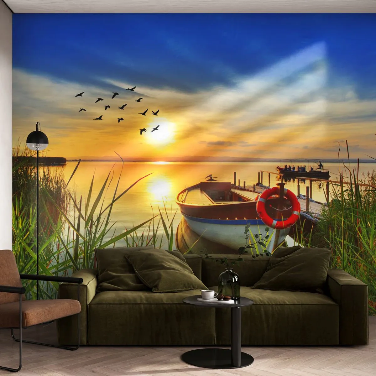 Fototapete Premium Sand - Ein Boot am Pier bei Sonnenuntergang - 100x70cm - Die Kormorane fliegen schon weg - Moderne Wanddekoration für Wohnzimmer und Schlafzimmer ARTTOR