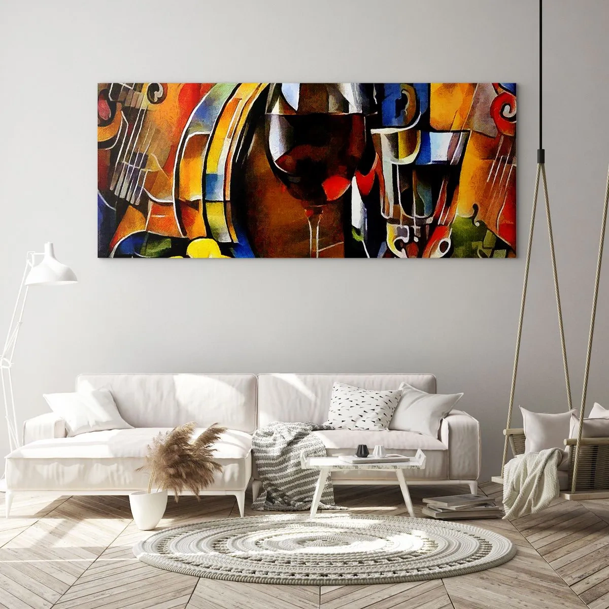 Glasbild - Bild auf glas - Abstraktes Stillleben mit Gläsern und Instrumenten - 140x50cm - Und die Welt nimmt Farben an - Moderne Wanddekoration für Wohnzimmer und Schlafzimmer ARTTOR