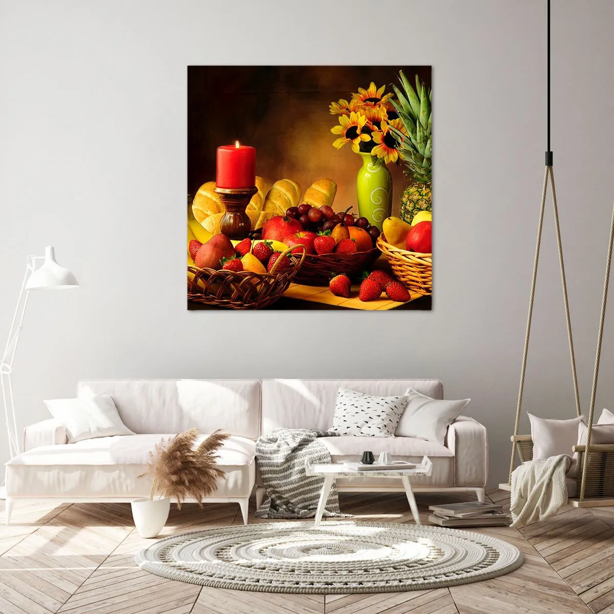 Bild auf Leinwand - Leinwandbild - Stillleben mit Brot und Obst - 70x70 cm