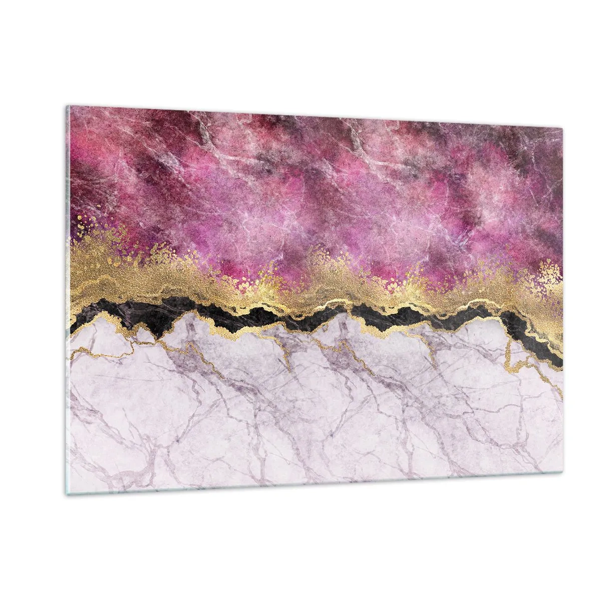 Glasbild - Bild auf glas - Abstrakte Marmorkomposition mit goldenen und violetten Akzenten - 120x80cm - An der Grenze - Moderne Wanddekoration für Wohnzimmer und Schlafzimmer ARTTOR