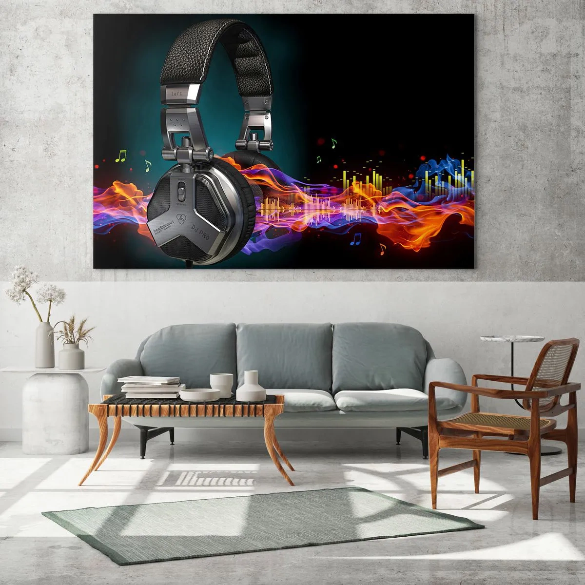 Glasbild - Bild auf glas - DJ-Kopfhörer mit bunten Schallwellen und Musiknoten - 100x70cm - Feuer der Musik - Moderne Wanddekoration für Wohnzimmer und Schlafzimmer ARTTOR