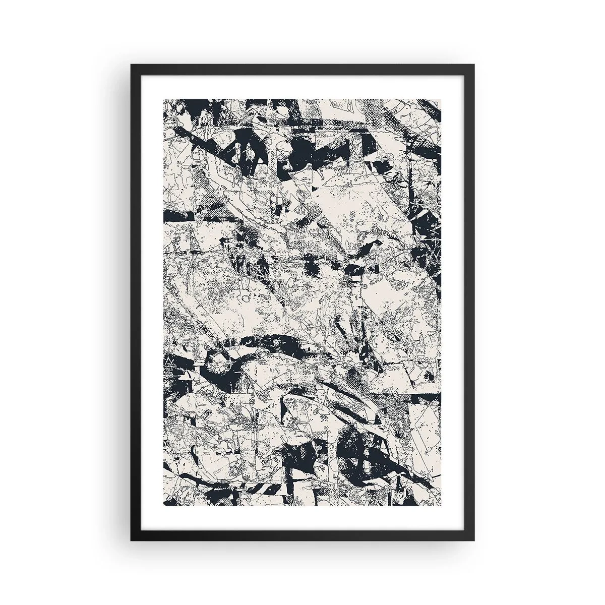 Poster in einem schwarzem Rahmen - Abstrakte schwarz-weiße strukturierte Komposition - 50x70cm - Durchdringung der Gegensätze - Moderne Wanddekoration für Wohnzimmer und Schlafzimmer ARTTOR