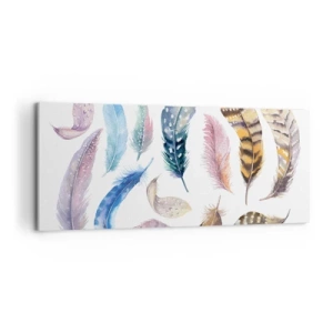 Bild auf Leinwand - Leinwandbild - Bunte Federn im zarten Aquarell-Stil - 120x50cm - Hell, bunt und bunt - Moderne Wanddekoration für Wohnzimmer und Schlafzimmer ARTTOR