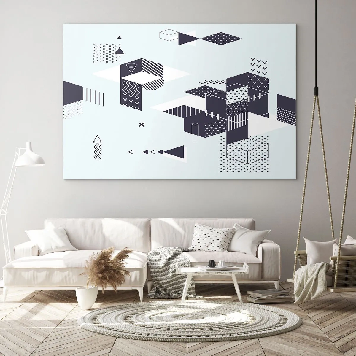 Glasbild - Bild auf glas - Abstrakte geometrische Komposition in Schwarz und Weiß auf hellem Hintergrund - 100x70cm - In der Seele eines Mathematikers - Moderne Wanddekoration für Wohnzimmer und Schlafzimmer ARTTOR