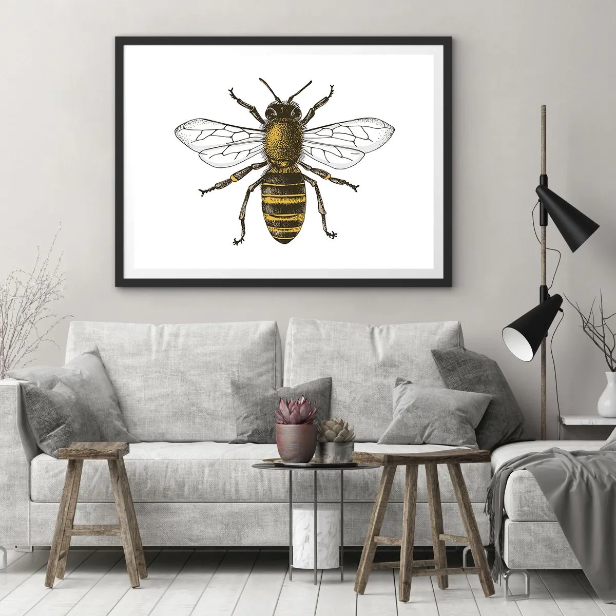 Poster in einem schwarzem Rahmen - Detaillierte Darstellung einer Biene auf weißem Hintergrund - 100x70cm - Schön und gut - Moderne Wanddekoration für Wohnzimmer und Schlafzimmer ARTTOR