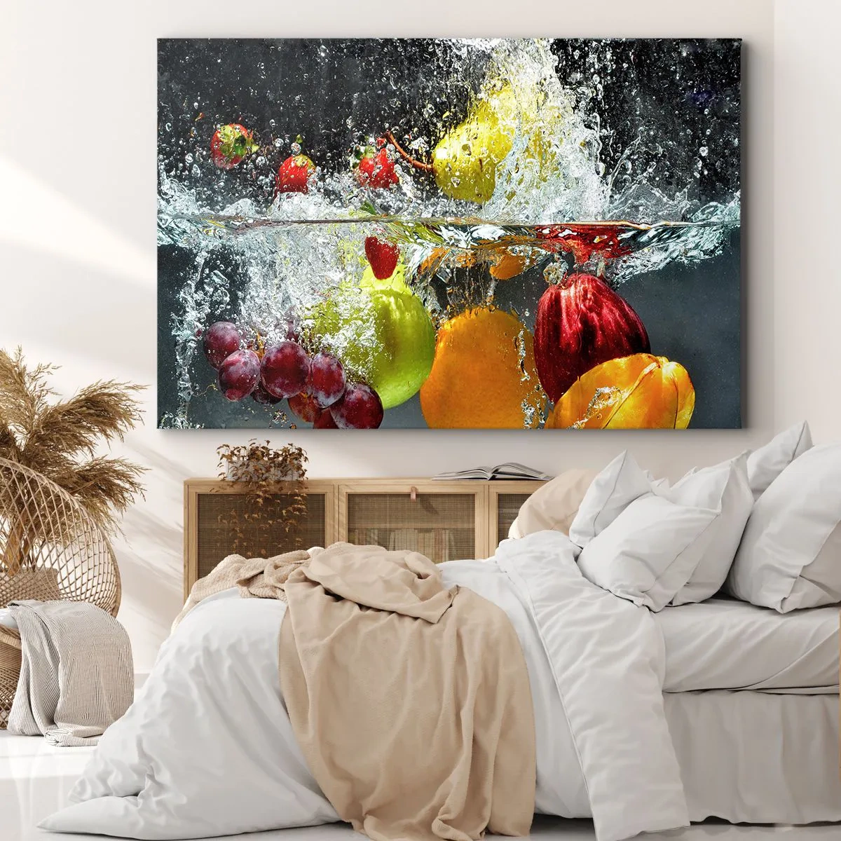 Bild auf Leinwand - Leinwandbild - Bunte Früchte im Wasser bei dynamischer Immersion - 70x50cm - Fruchterfrischung - Moderne Wanddekoration für Wohnzimmer und Schlafzimmer ARTTOR