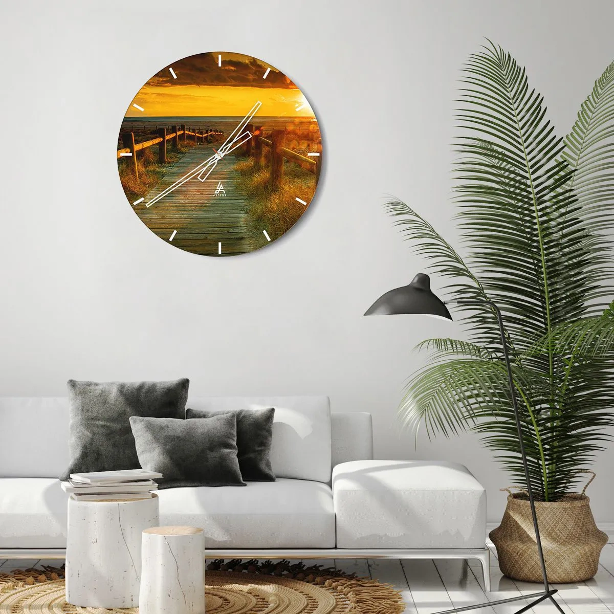 Wanduhr - Glasuhr - Sonnenuntergang über dem Holzweg - 30x30cm - In altem Gold gebadet - Moderne Wanddekoration für Wohnzimmer, Küche und Schlafzimmer ARTTOR