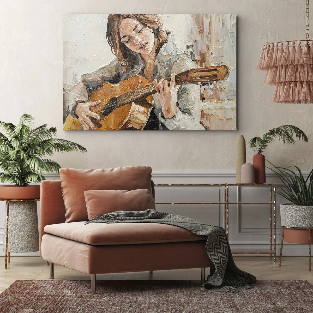 Bild auf Leinwand - Leinwandbild - Porträt eines Gitarre spielenden Mädchens in malerischem Stil mit warmen Farben. - 120x80cm - Konzert für Gitarre und Mädchenherz - Moderne Wanddekoration für Wohnzimmer und Schlafzimmer ARTTOR