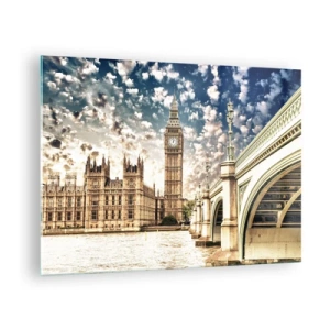 Glasbild - Bild auf glas - Big Ben und Westminster Bridge in London - 70x50cm - Federwolken über der Themse - Moderne Wanddekoration für Wohnzimmer und Schlafzimmer ARTTOR