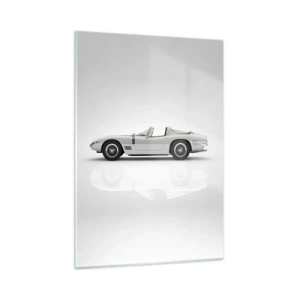 Glasbild - Bild auf glas - Ein klassisches weißes Cabrio vor minimalistischem Hintergrund mit Reflexionen. - 50x70cm - Spaß versprochen - Moderne Wanddekoration für Wohnzimmer und Schlafzimmer ARTTOR
