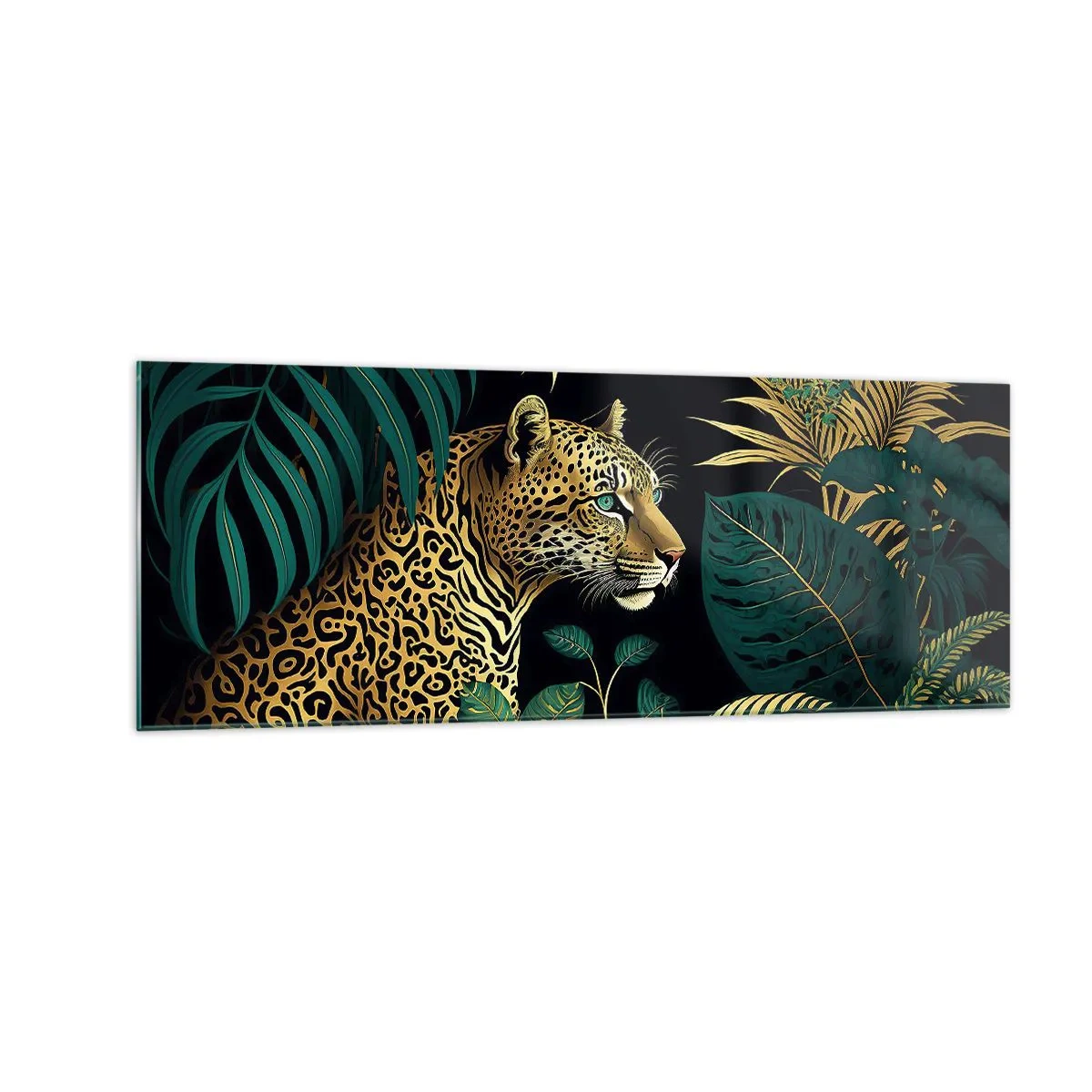 Glasbild - Bild auf glas - Leopard in tropischen Blättern auf schwarzem Hintergrund - 140x50cm - Gastgeber im Dschungel - Moderne Wanddekoration für Wohnzimmer und Schlafzimmer ARTTOR