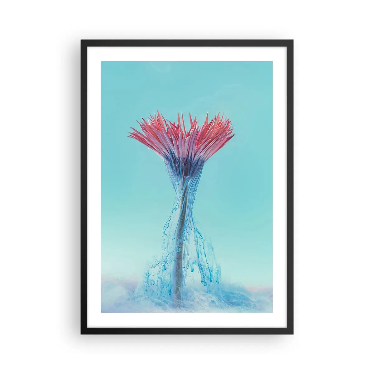 Poster in einem schwarzem Rahmen - Eine Blume, umgeben von bunten Strömen auf einem pastellfarbenen Hintergrund - 50x70cm - In einer belebenden Umarmung - Moderne Wanddekoration für Wohnzimmer und Schlafzimmer ARTTOR