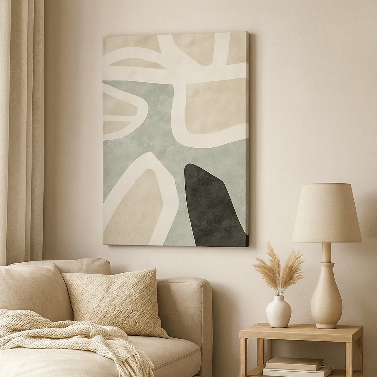 Bild auf Leinwand - Leinwandbild - Abstrakte Formen in gedämpften Farben - 50x70cm - Komposition mit schwarzem Motiv - Moderne Wanddekoration für Wohnzimmer und Schlafzimmer ARTTOR