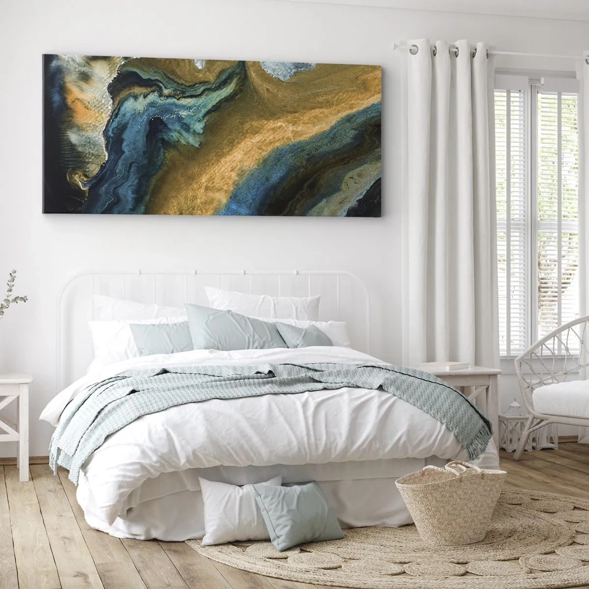 Bild auf Leinwand - Leinwandbild - Abstrakte Wellen in Gold- und Blautönen - 140x50cm - Blau - Gelb - gegenseitige Beeinflussung - Moderne Wanddekoration für Wohnzimmer und Schlafzimmer ARTTOR