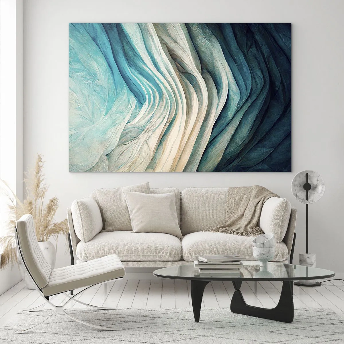 Glasbild - Bild auf glas - Abstrakte Wellen in Blau- und Beigetönen - 70x50cm - Blaue Unersättlichkeit - Moderne Wanddekoration für Wohnzimmer und Schlafzimmer ARTTOR