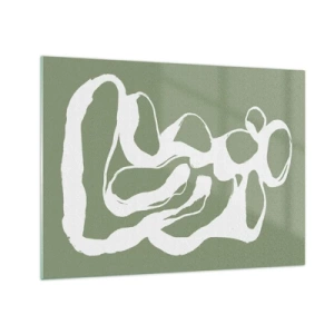 Glasbild - Bild auf glas - Abstrakte weiße organische Form auf olivgrünem Hintergrund - 70x50cm - Ruf des Weltraums - Moderne Wanddekoration für Wohnzimmer und Schlafzimmer ARTTOR