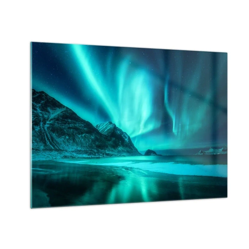 Glasbild - Bild auf glas - Aurora Borealis über einer Berglandschaft und einem gefrorenen Meer - 70x50cm - Wunder des Nordens - Moderne Wanddekoration für Wohnzimmer und Schlafzimmer ARTTOR