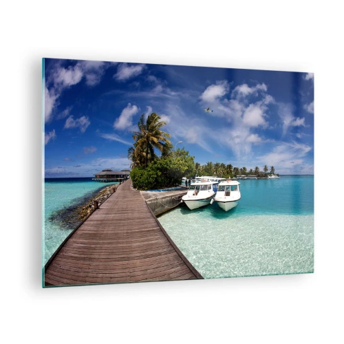 Glasbild - Bild auf glas - Exotischer Pier, Boote und türkisfarbenes Wasser - 70x50cm - Doch das Paradies gibt es - Moderne Wanddekoration für Wohnzimmer und Schlafzimmer ARTTOR