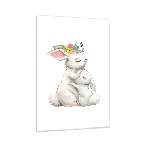 Glasbild - Bild auf glas - Zwei kuschelige Hasen in Pastellfarben - 50x70cm - Bei Mama ist's am schönsten - Moderne Wanddekoration für Wohnzimmer und Schlafzimmer ARTTOR