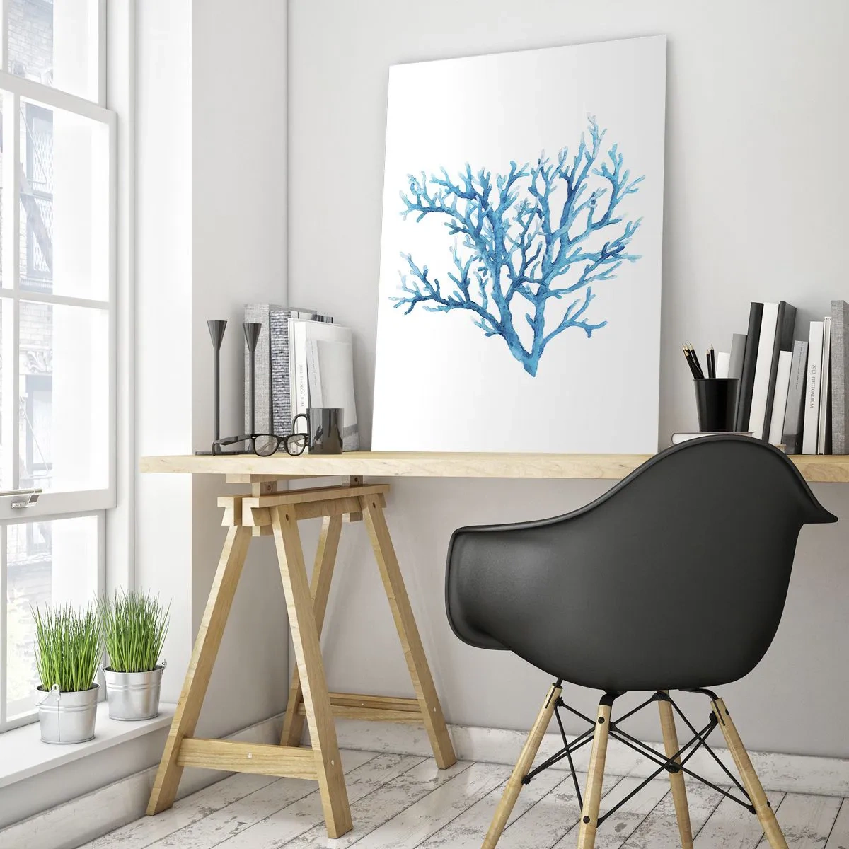 Glasbild - Bild auf glas - Blaue Koralle auf weißem Hintergrund mit minimalistischem Flair - 70x100cm - Nautisches Filigran - Moderne Wanddekoration für Wohnzimmer und Schlafzimmer ARTTOR