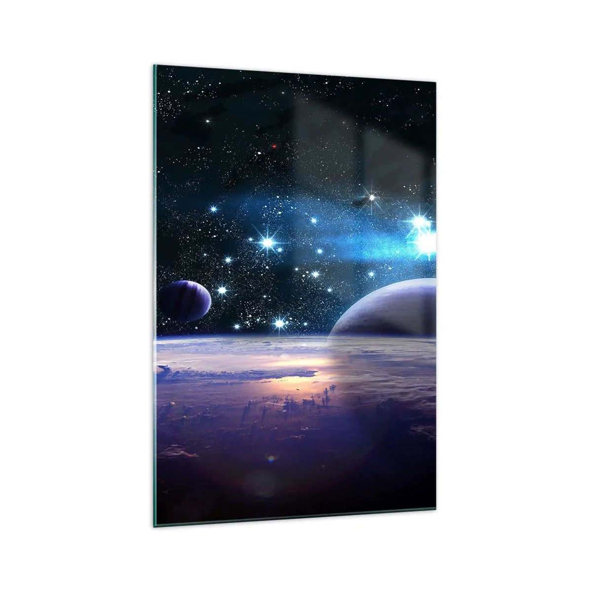 Glasbild - Bild auf glas - Ein Blick in den Weltraum mit Planeten und Sternen - 70x100cm - Noch allein? - Moderne Wanddekoration für Wohnzimmer und Schlafzimmer ARTTOR