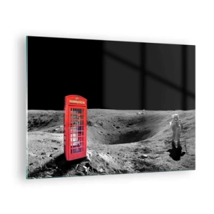 Glasbild - Bild auf glas - Eine rote Telefonzelle auf der Mondoberfläche mit einem Astronauten - 70x50cm - Ein kosmischer Witz - Moderne Wanddekoration für Wohnzimmer und Schlafzimmer ARTTOR