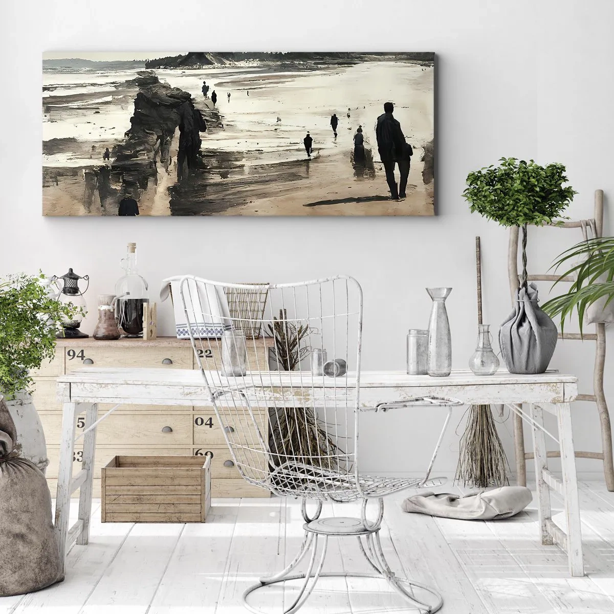Bild auf Leinwand - Leinwandbild - Strandspaziergänger in friedlicher Landschaft - 160x50cm - Einberufen - Moderne Wanddekoration für Wohnzimmer und Schlafzimmer ARTTOR