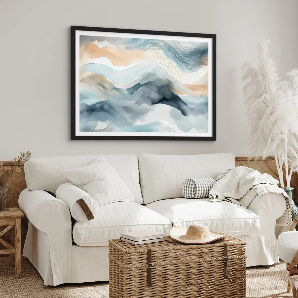 Poster in einem schwarzem Rahmen - Eine zarte Abstraktion mit Bergmotiv in Pastelltönen. - 100x70cm - Verschneite und neblige Abstraktion - Moderne Wanddekoration für Wohnzimmer und Schlafzimmer ARTTOR