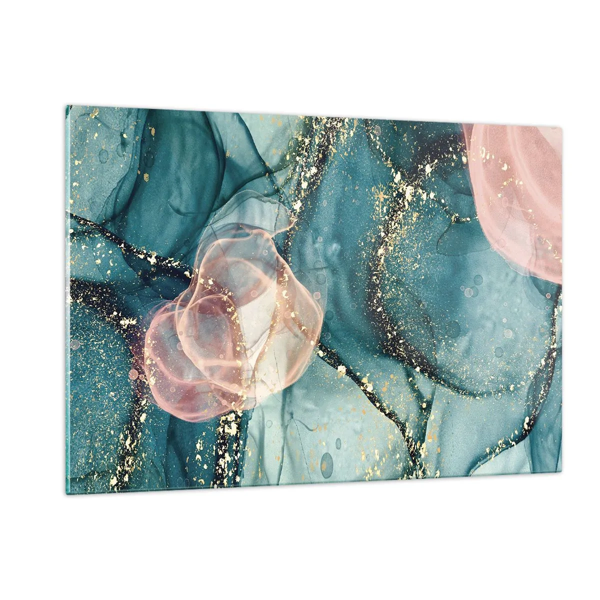 Glasbild - Bild auf glas - Abstrakte Formen in Blau und Pink mit goldenen Details - 120x80cm - Seidenblau, Tüllrosa - Moderne Wanddekoration für Wohnzimmer und Schlafzimmer ARTTOR