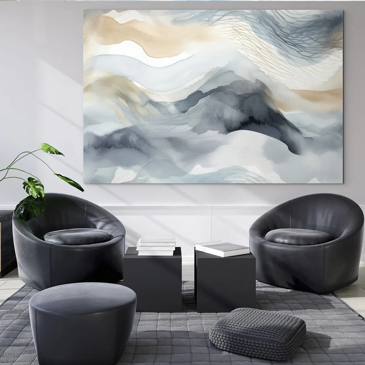 Glasbild - Bild auf glas - Abstrakte Wellen in Beige- und Blautönen - 70x50cm - Verschneite und neblige Abstraktion - Moderne Wanddekoration für Wohnzimmer und Schlafzimmer ARTTOR