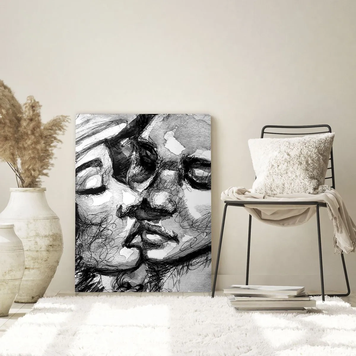 Glasbild - Bild auf glas - Schwarz-Weiß-Skizze eines zärtlichen Kusses - 50x70cm - Zärtlicher Moment - Moderne Wanddekoration für Wohnzimmer und Schlafzimmer ARTTOR