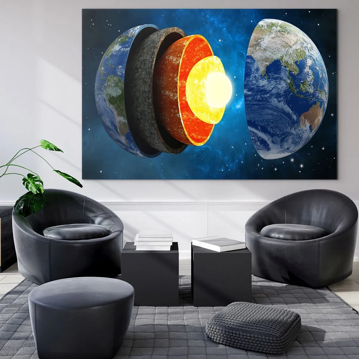 Glasbild - Bild auf glas - Ein Querschnitt der Erde, der ihre Schichten vor dem Hintergrund des Weltraums zeigt. - 70x50cm - Reise zum Mittelpunkt der Erde - Moderne Wanddekoration für Wohnzimmer und Schlafzimmer ARTTOR
