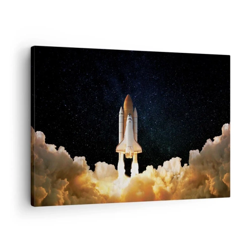 Bild auf Leinwand - Leinwandbild - Eine Weltraumrakete hebt vor dem Sternenhimmel ab - 70x50cm - Ad Astra! - Moderne Wanddekoration für Wohnzimmer und Schlafzimmer ARTTOR
