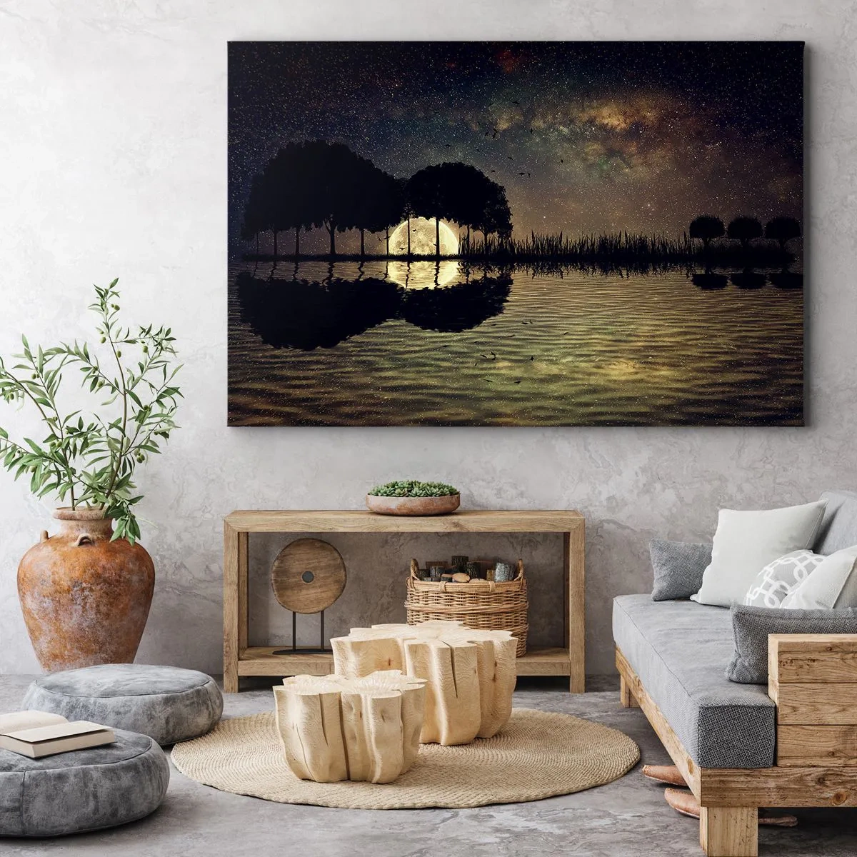 Bild auf Leinwand - Leinwandbild - Eine magische Nacht mit Bäumen und dem Mond, der sich im Wasser spiegelt - 120x80cm - Nacht am Ende der Welt - Moderne Wanddekoration für Wohnzimmer und Schlafzimmer ARTTOR