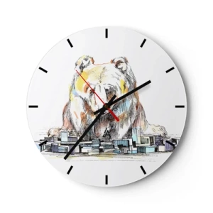 Wanduhr - Glasuhr - Zeichnung eines Bären über einer Stadtlandschaft - 30x30cm - Wie kann man so leben? - Moderne Wanddekoration für Wohnzimmer, Küche und Schlafzimmer ARTTOR