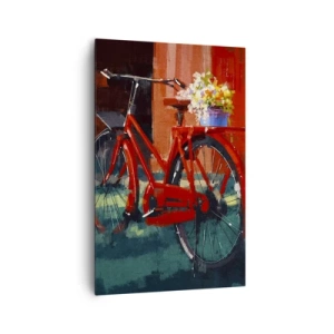 Bild auf Leinwand - Leinwandbild - Ein rotes Fahrrad mit Blumen vor einer orangefarbenen Wand - 80x120cm - Ich möchte mit meinem Fahrrad fahren - Moderne Wanddekoration für Wohnzimmer und Schlafzimmer ARTTOR