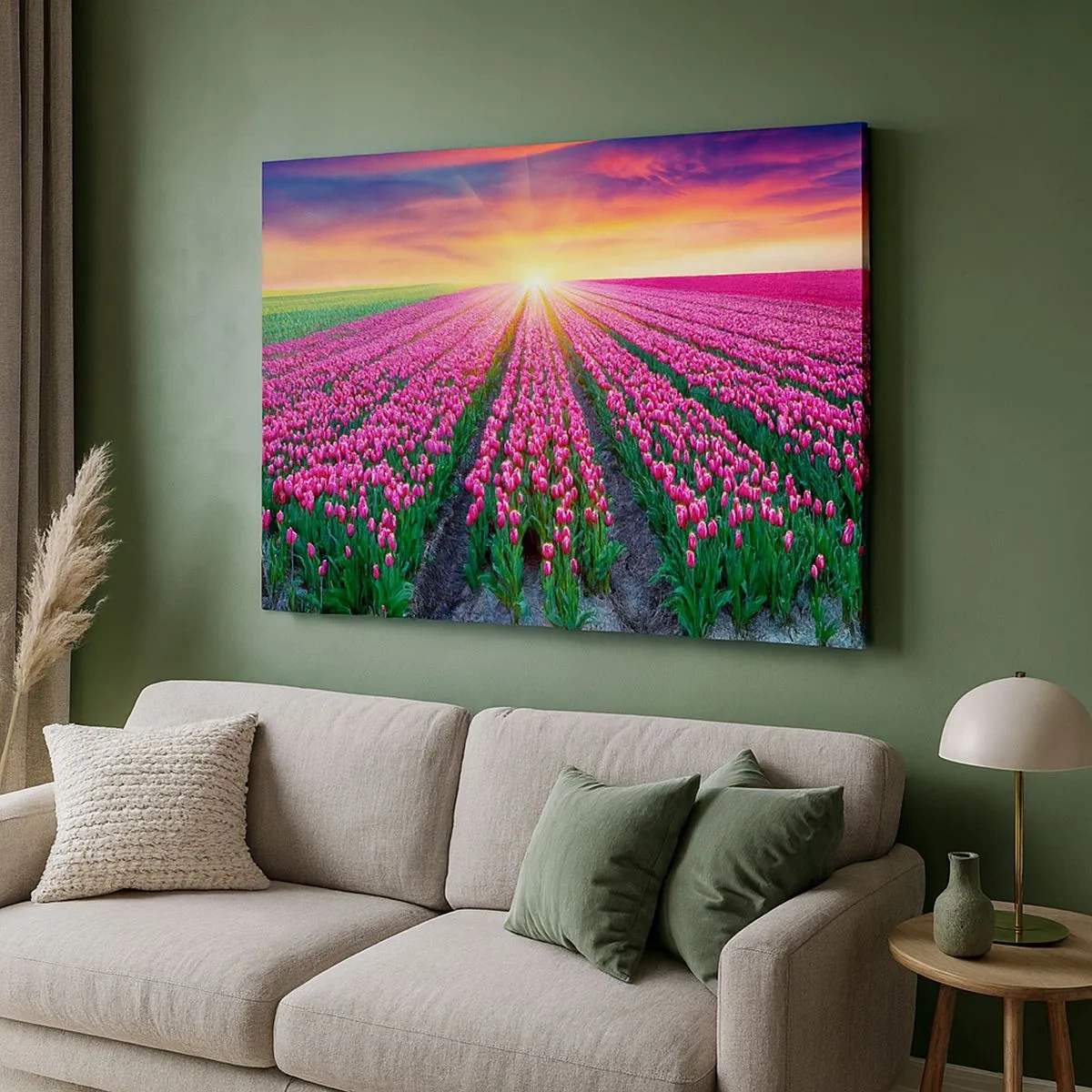 Bild auf Leinwand - Leinwandbild - Ein Tulpenfeld bei Sonnenuntergang - 70x50cm - Schönheitsfarm - Moderne Wanddekoration für Wohnzimmer und Schlafzimmer ARTTOR
