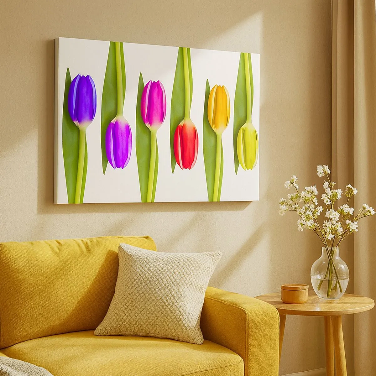 Bild auf Leinwand - Leinwandbild - Bunte Tulpen in einer Reihe auf weißem Hintergrund angeordnet - 70x50cm - Regenbogenkomposition - Moderne Wanddekoration für Wohnzimmer und Schlafzimmer ARTTOR
