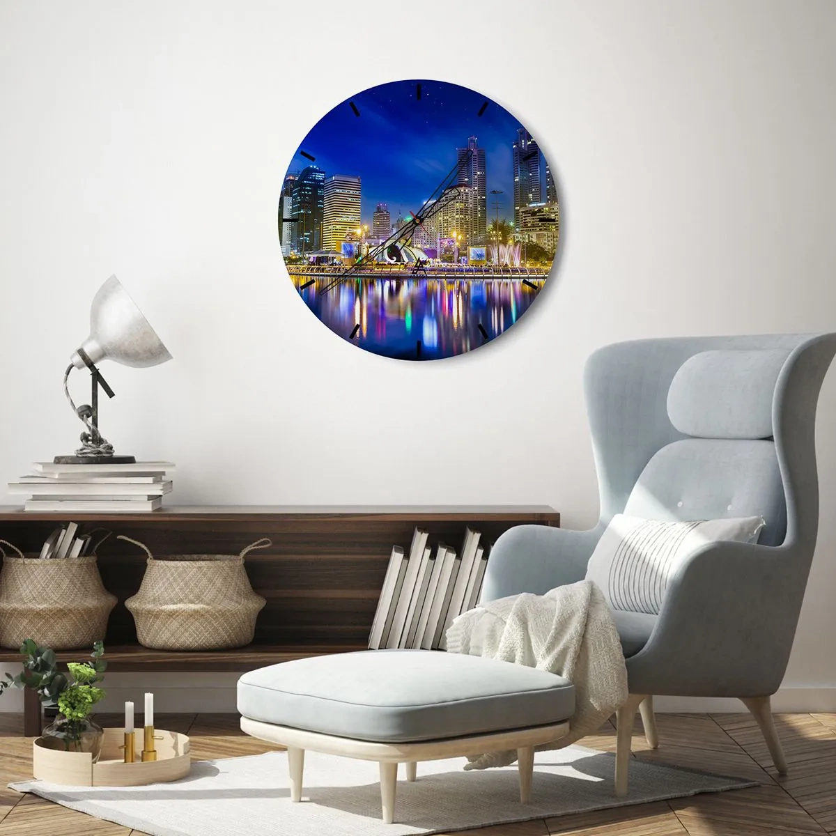 Wanduhr - Glasuhr - Nachtansicht der Stadt mit bunten Lichtern - 30x30cm - Metropolis bei Regenbogennacht - Moderne Wanddekoration für Wohnzimmer, Küche und Schlafzimmer ARTTOR