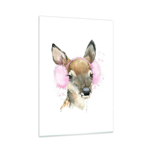 Glasbild - Bild auf glas - Aquarell Hirsch in rosa Ohrenschützern - 80x120cm - Und der Frost ist nicht mehr schrecklich - Moderne Wanddekoration für Wohnzimmer und Schlafzimmer ARTTOR
