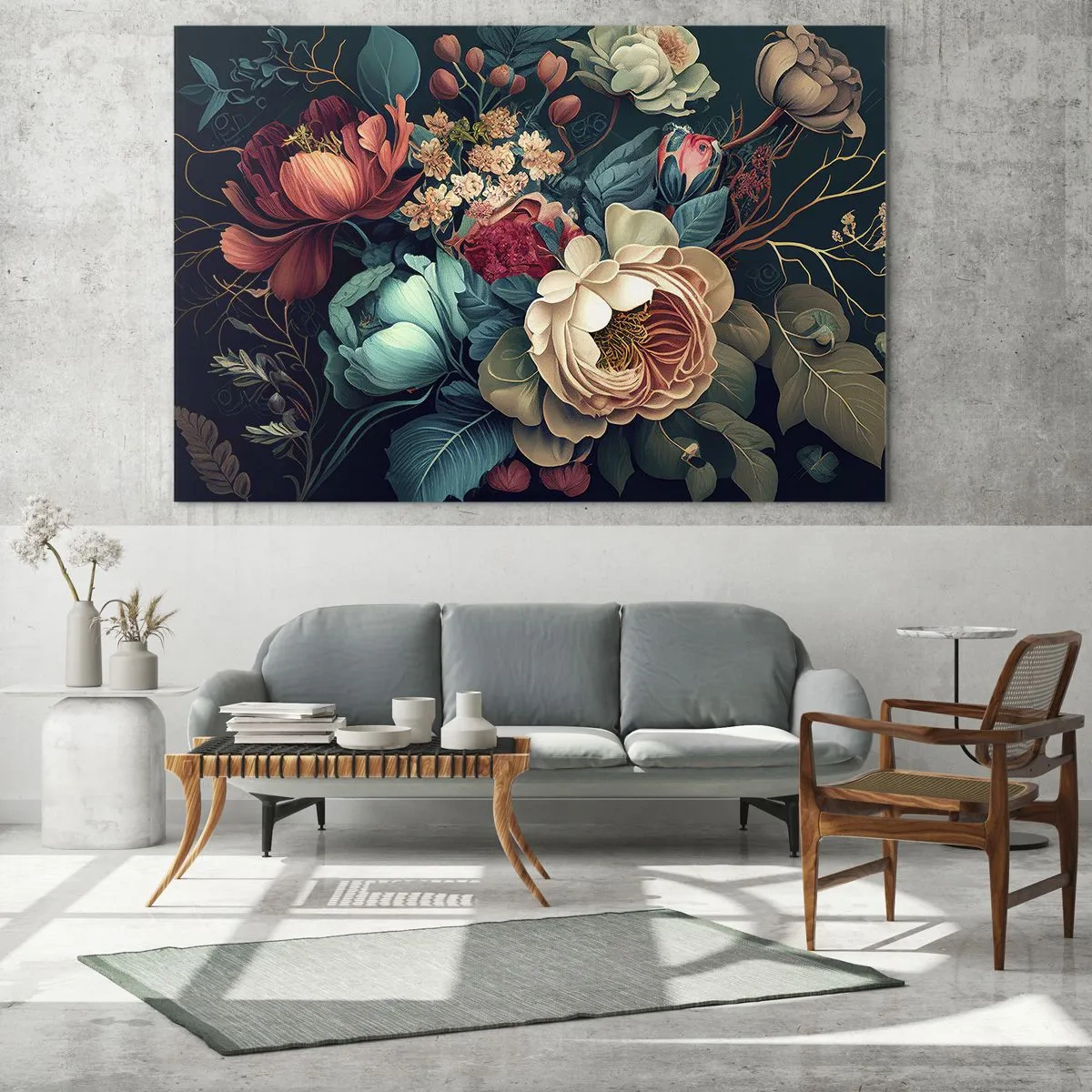 Glasbild - Bild auf glas - Vintage Blumenstrauß auf dunklem Hintergrund - 100x70cm - Charme des 19. Jahrhunderts - Moderne Wanddekoration für Wohnzimmer und Schlafzimmer ARTTOR