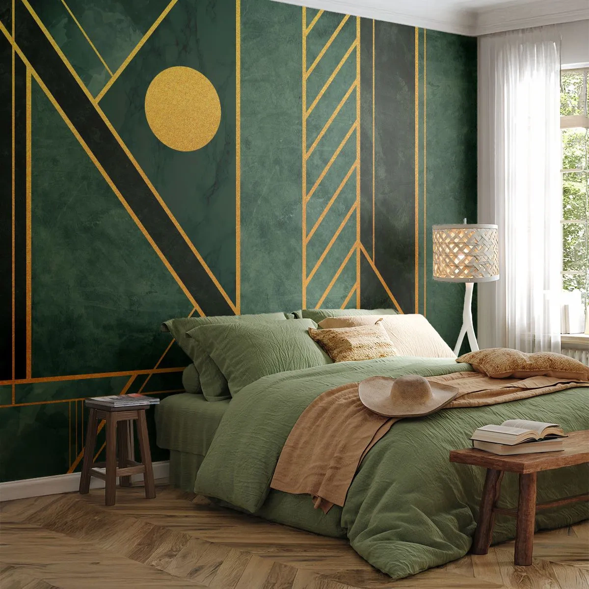 Fototapete Premium Sand - Grüne Geometrie mit goldenen Elementen im Art-Deco-Stil - 100x70cm - Dynamik von Gold und Azurblau - Moderne Wanddekoration für Wohnzimmer und Schlafzimmer ARTTOR
