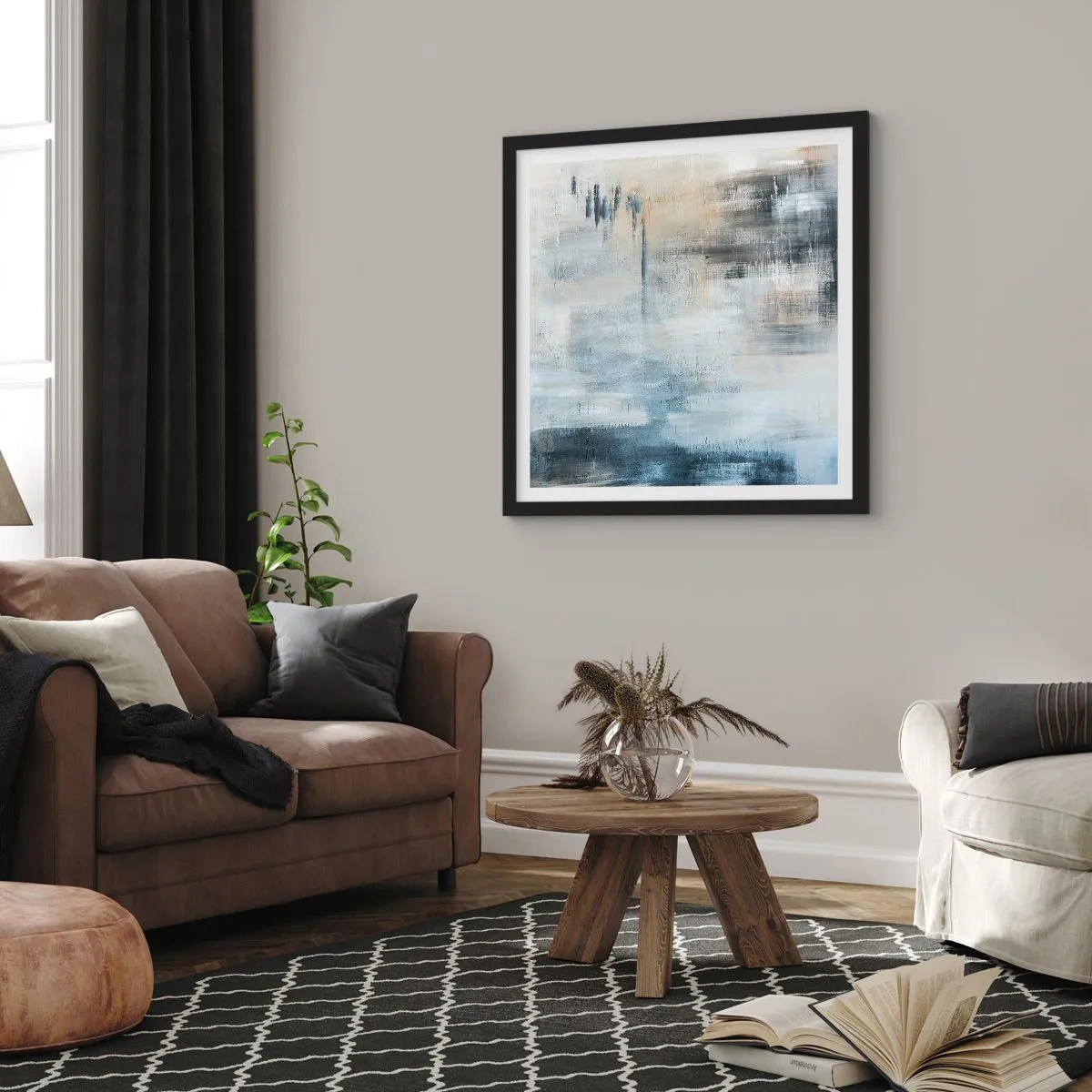 Poster in einem schwarzem Rahmen - Hinter dem blauen Vorhang - 40x40 cm