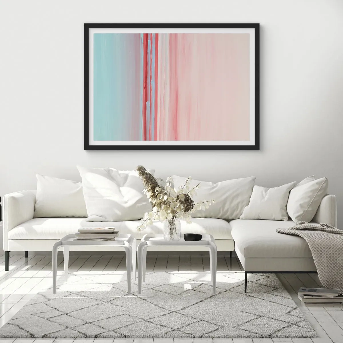 Poster in einem schwarzem Rahmen - Pastellfarbene Linien in Rosa- und Blautönen in einer minimalistischen Komposition - 70x50cm - Abstraktion im Morgengrauen - Moderne Wanddekoration für Wohnzimmer und Schlafzimmer ARTTOR
