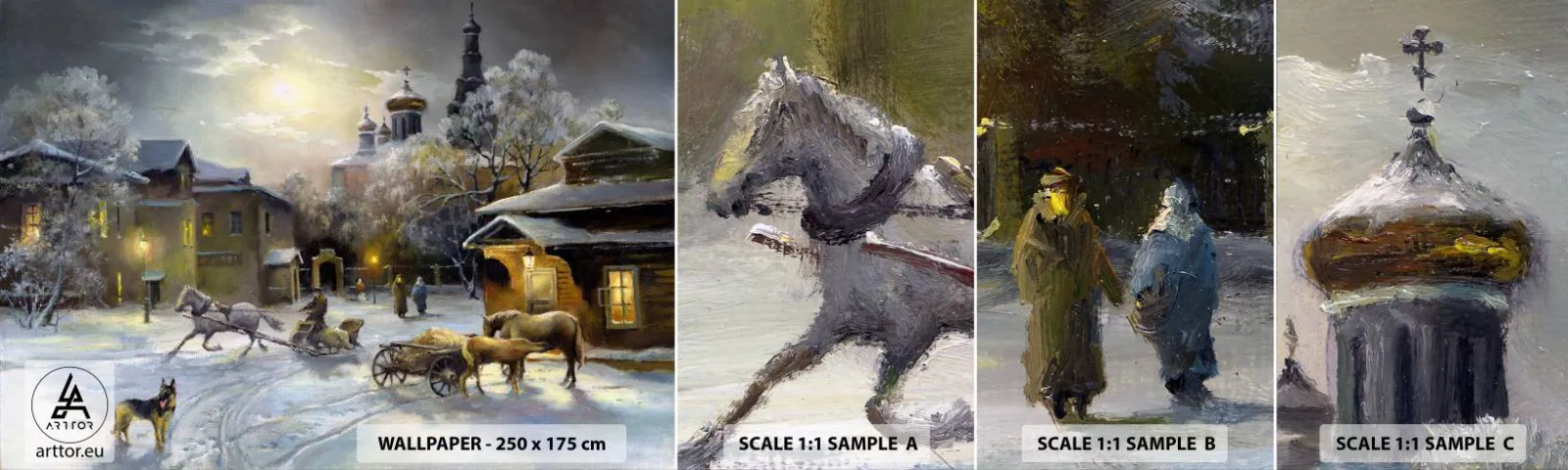 Fototapeten Muster Selbstklebend Deluxe Sticker - Die Magie des russischen Winters - Landschaft, Dorf, Winter auf dem Land - 100x30 cm