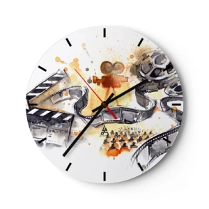 Wanduhr - Glasuhr - Filmstreifen und Kamera vor einem Hintergrund künstlerischer Details in warmen Farben - 30x30cm - Im Land der Träume - Moderne Wanddekoration für Wohnzimmer, Küche und Schlafzimmer ARTTOR