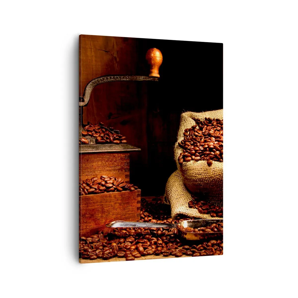 Bild auf Leinwand - Leinwandbild - Eine alte Kaffeemühle mit Bohnen und einer Tasche im rustikalen Stil. - 50x70cm - Stillleben mit Kaffeebohnen und einer Mühle - Moderne Wanddekoration für Wohnzimmer und Schlafzimmer ARTTOR