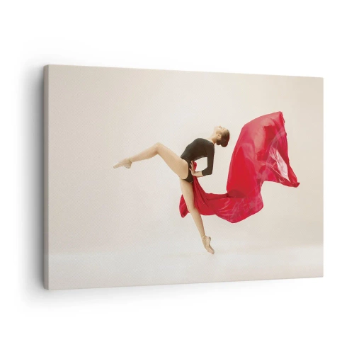 Bild auf Leinwand - Leinwandbild - Eine dynamische Tänzerin in schwarzem Outfit und rotem Stoff in Bewegung. - 70x50cm - Rot und Schwarz - Moderne Wanddekoration für Wohnzimmer und Schlafzimmer ARTTOR